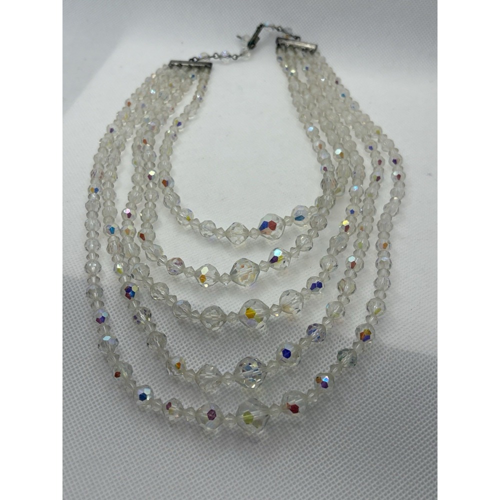 VINTAGE 5 STRAND FACETED CRYSTAL GLASS BEAD COLLAR CHOKER, NECKLACE, SPARKLE